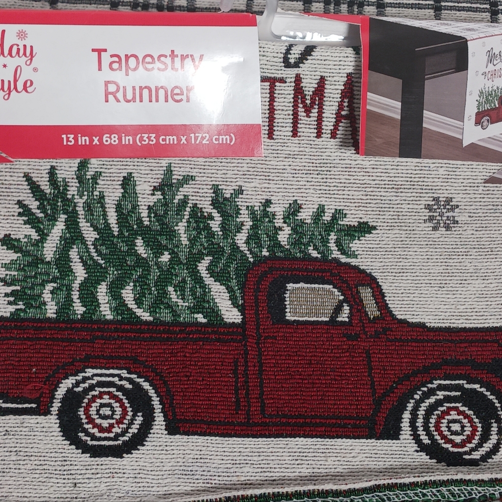 NEW Christmas Tapestry  Runner Rustic Farmhouse Old Red Pickup Truck